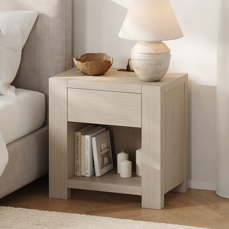 23.6'' 1-Drawer Nightstand With Charging Station, Light Oak