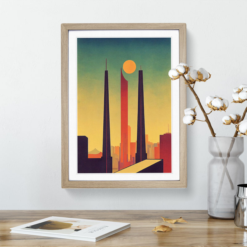 City Skyline Retro Art No.1 - Wall Art, 66cm H x 48cm W x 2cm D, Oak Framed