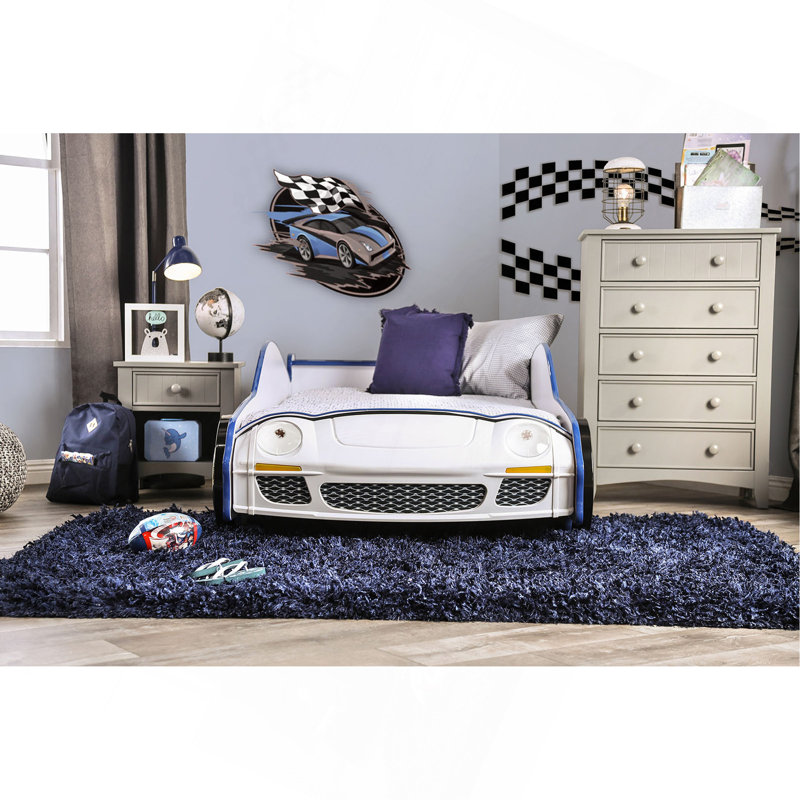 Modern Novelty Style Twin Bed Police Car Design With High Gloss Design LED Lights On Wheels And Headlights Included Slat Kit Metal Structure Painted Edges Blue And White Finish