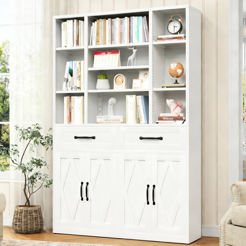 Bibliothèque en métal de 71 pouces de hauteur avec tiroirs, tablettes réglables et portes d'armoire pour l'organisation de la chambre à coucher.