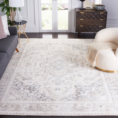 Tapis oriental gris / ivoire en laine / viscose tissé à la main