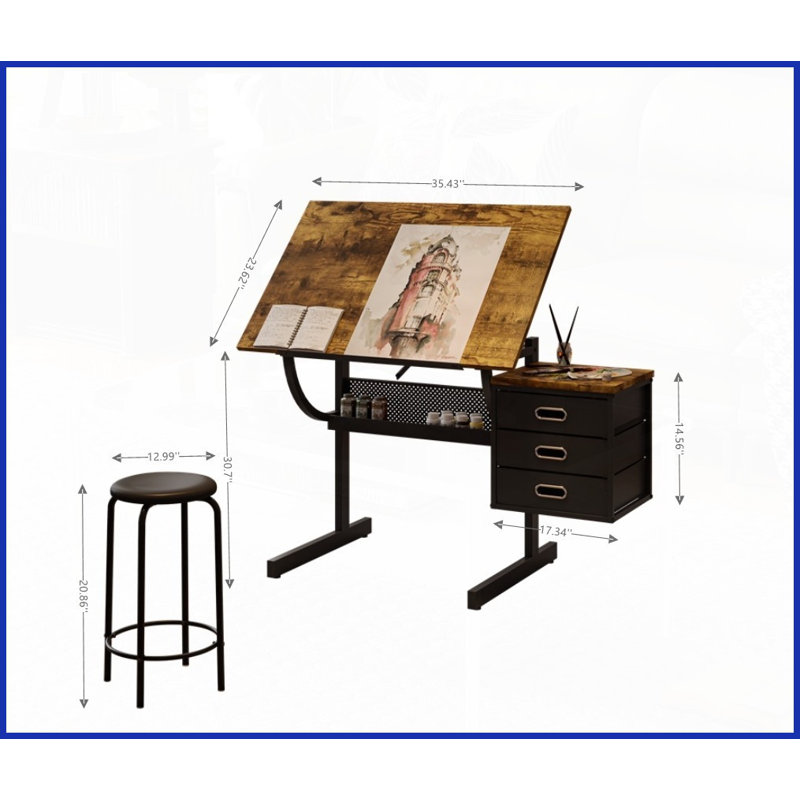 Table à dessin noire avec 3 tiroirs Tabouret, plateau réglable de 0 à 75 ° pour artistes et amp; Artisans
