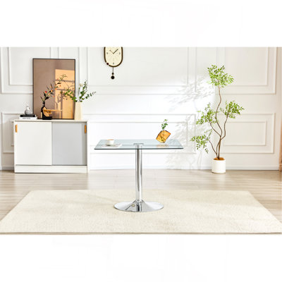 Table de salle à manger 38,5 pouces moderne minimaliste carrée en verre avec base en métal à une colonne, table de salle à manger Silver Home. Convient pour 2 à 4 personnes.