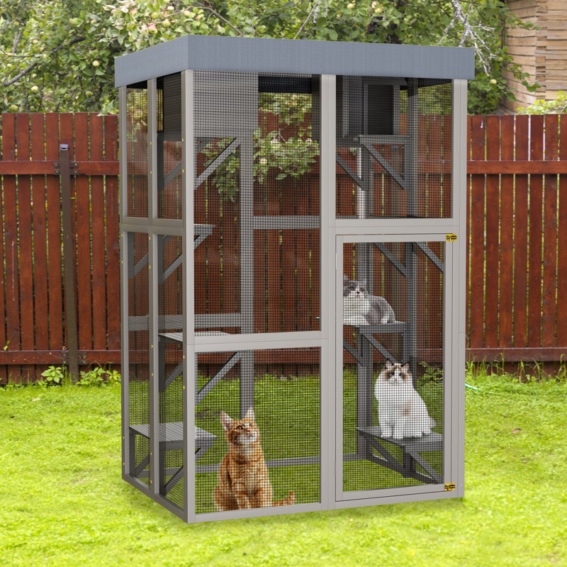 Hauteur de 70,5 po en bois gris, maisonnette pour chat, 6 plateformes de saut, 2 zones de sieste, bâche amovible, verrous sécurisés, parc paisible, espaces spacieux et de jeu, équilibre ombragé mobile