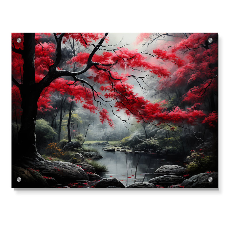 Art mural acrylique forêt rouge, H 24 po x l 32 po