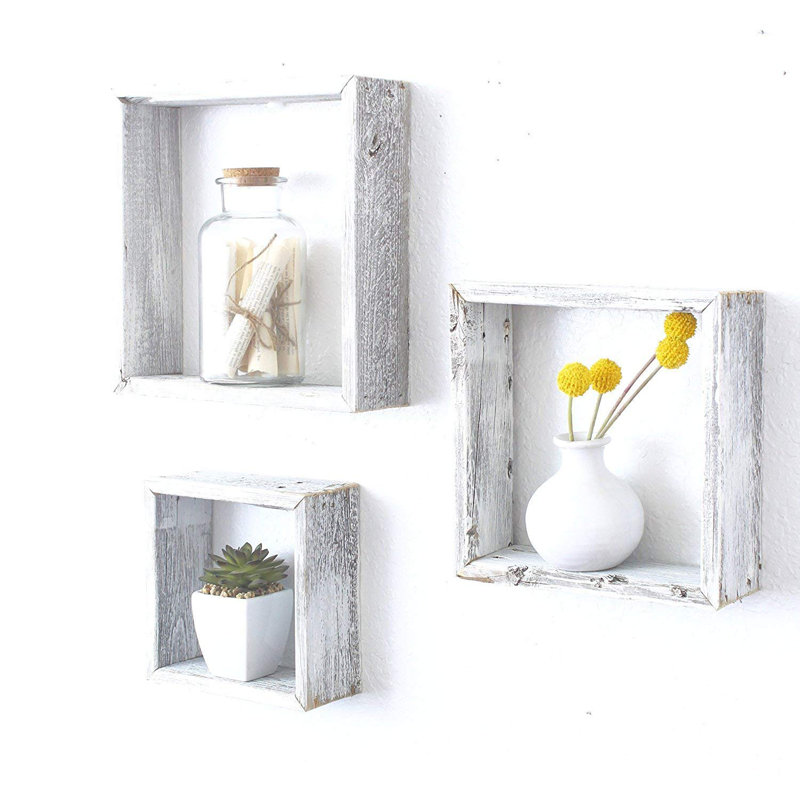Set Of 3 Square Rustic White Wash Wood Open Box Shelve
