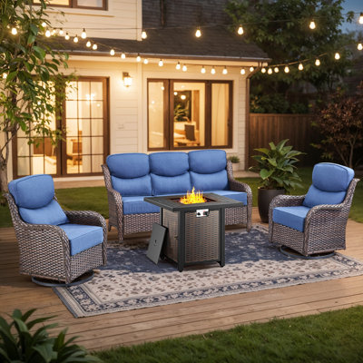 Maylis 4-Piece All-Weather Outdoor Wicker Patio Square Metal Fire Pit Table Conversation Set With Swivel Gliders And 6" Thick Cushions