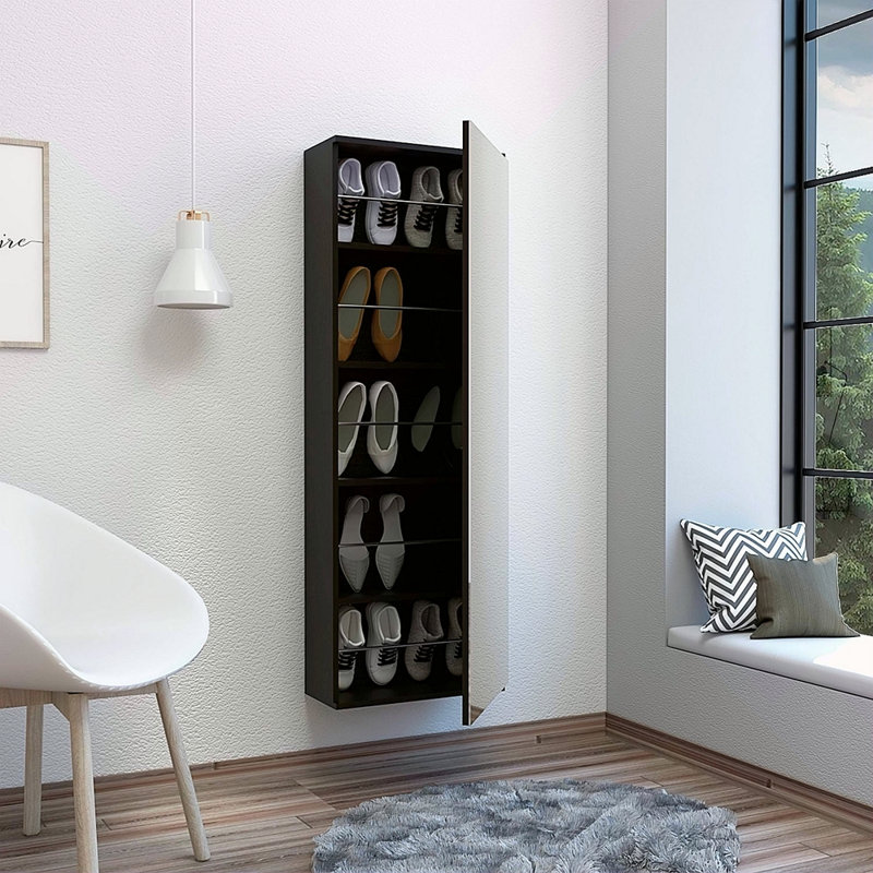 Étagère à chaussures murale H 54 po, un miroir, une porte, cinq tablettes de rangement internes, capacité approximative pour dix chaussures