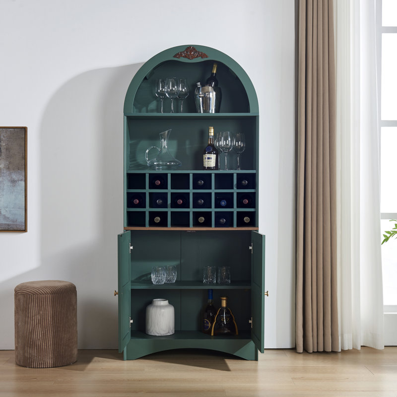 Armoire bar 71 po autoportante arquée avec support à vin amovible et tablettes réglables, Vert