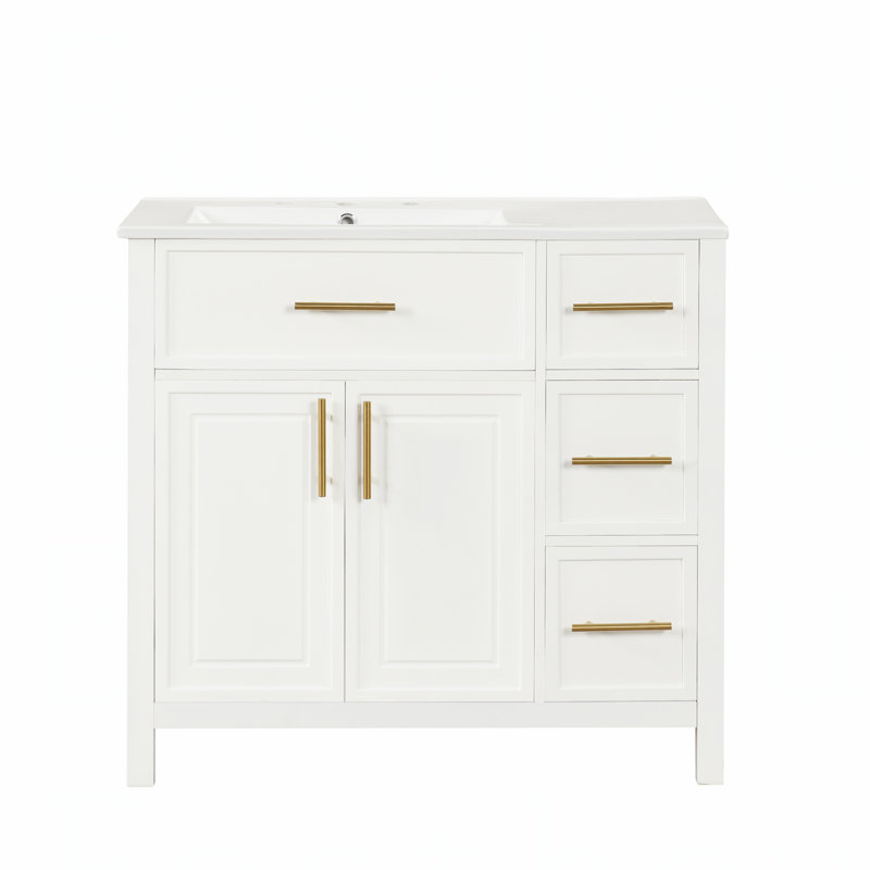 Meuble-lavabo de 36 pouces avec comptoir en céramique, cadre en bois durable et grand espace de rangement pour les salles de bain modernes
