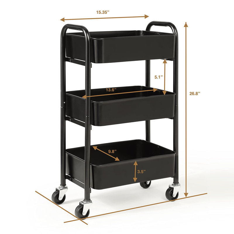 Black Metal 3-Tier Rolling Storage Cart with Caster Wheels