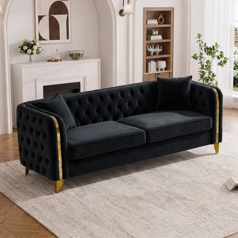 Canapé Chesterfield 81 po avec capitonnage à boutons profonds et détails dorés, Black