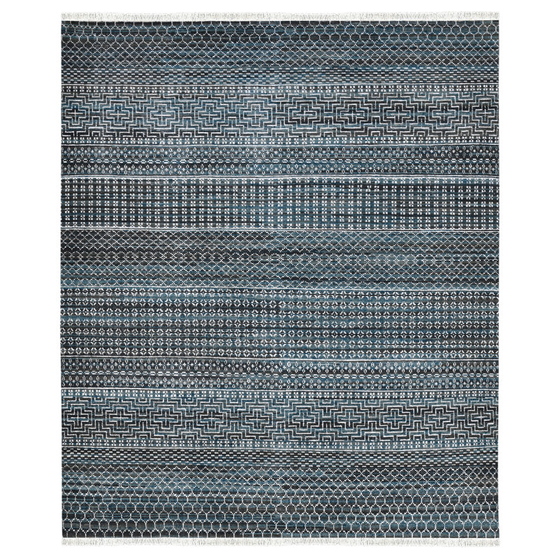 Blue Hand-Knotted Wool Blend 2' x 3' Area Rug with Tassels