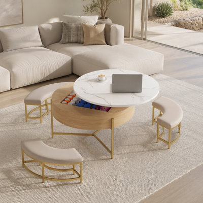 Table basse à plateau relevable moderne avec rangement et 3 repose-pieds blanc et naturel