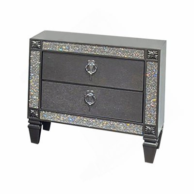 Table de chevet, 2 tiroirs, bordure en cristal, bois massif gris