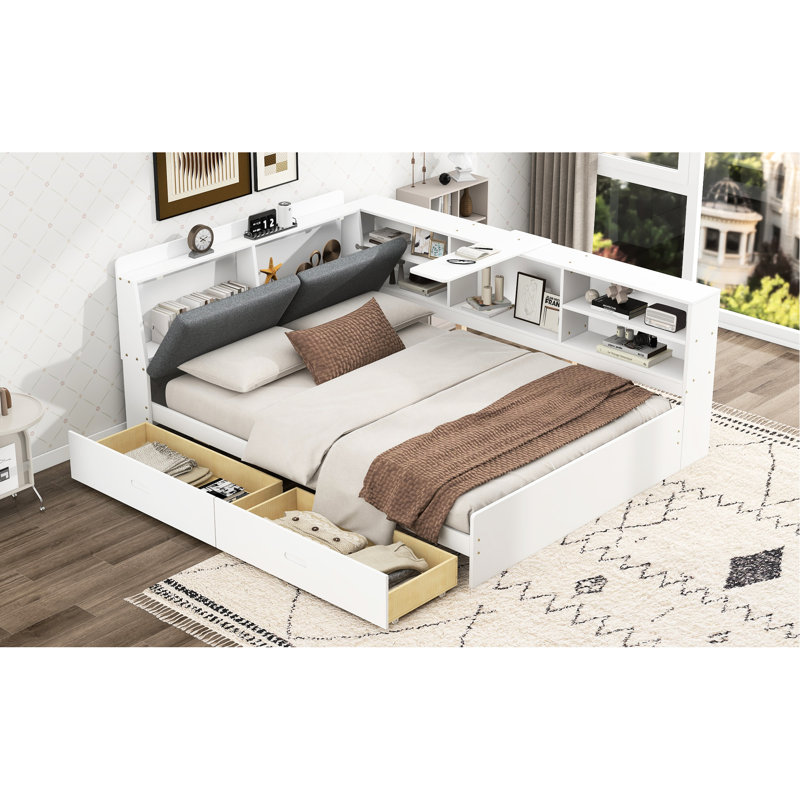 White Wood Full Size Platform Bed With Storage Headboard, Shelves, And Upholstered Design, Structure Of Rotatable Board, Easy To Assemble