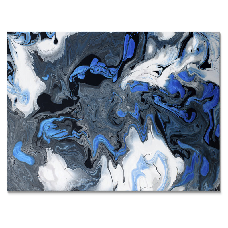 Vagues bleues liquides sur fond blanc et noir - peinture sur toile, H 16 po x l 32 po x P 1 po, Toile tendue