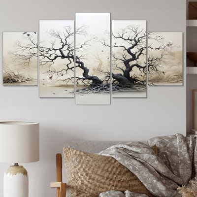 Arbre gris et blanc, saule murmurant - salon d'art mural floral - 5 panneaux