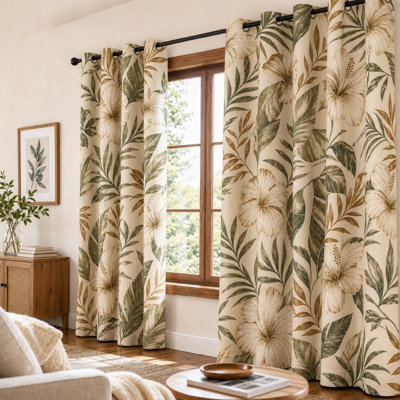 2Pcs Tropical Floral Print Sun Blocking Curtains, Botanical Pattern Ring Top, Decorative Grommet for Living Room Bedroom for Home Dector