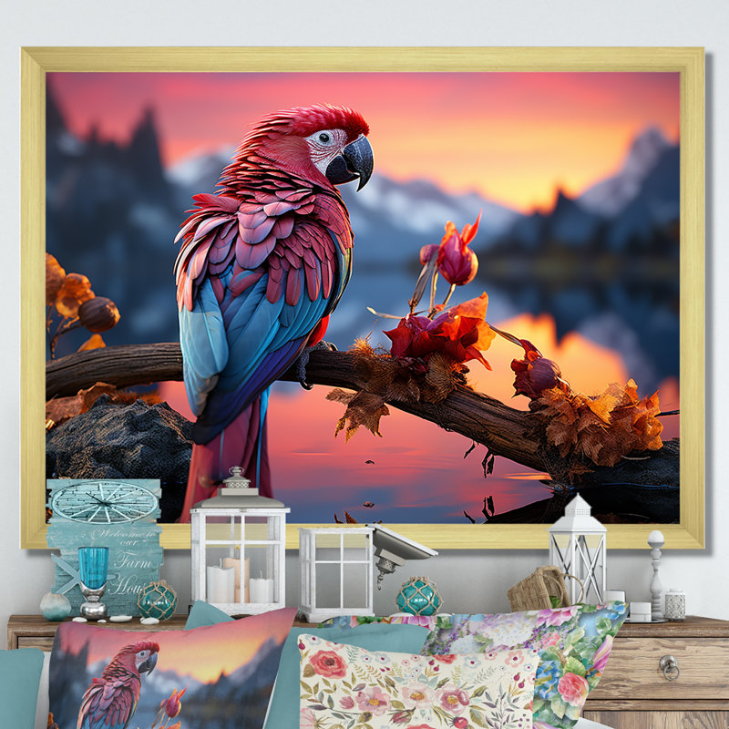 Coucher de soleil rouge et bleu avec plumage radieux au coucher du soleil, Cadre photo doré simple