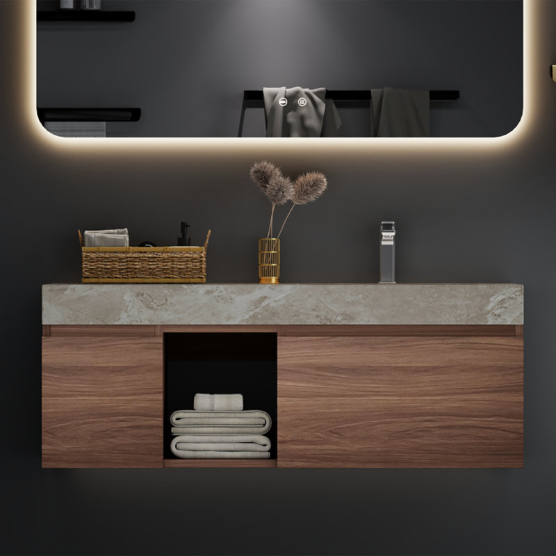 Wall Mounted Single Bathroom Vanity Modern floating Vanities with Solid Wood, 2 Drawers, Walnut, 48", Gray
