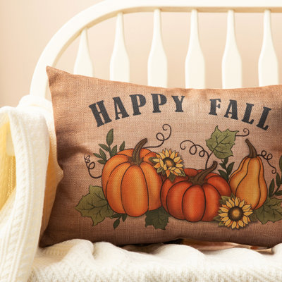 18"L  Happy Fall Poly-Burlap Fall Pumpkin Throw Pillow