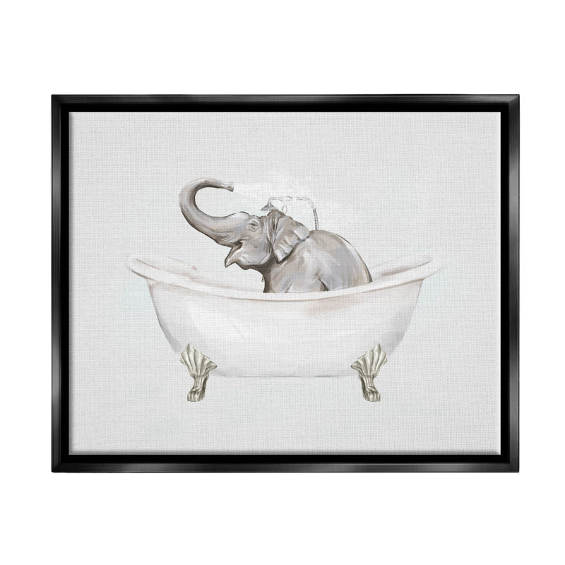 "Happy Elephant Splashing Bathaign", art mural sur toile flottante noire par Ziwei Li, H 17 po x l 21 po x P 1,7 po
