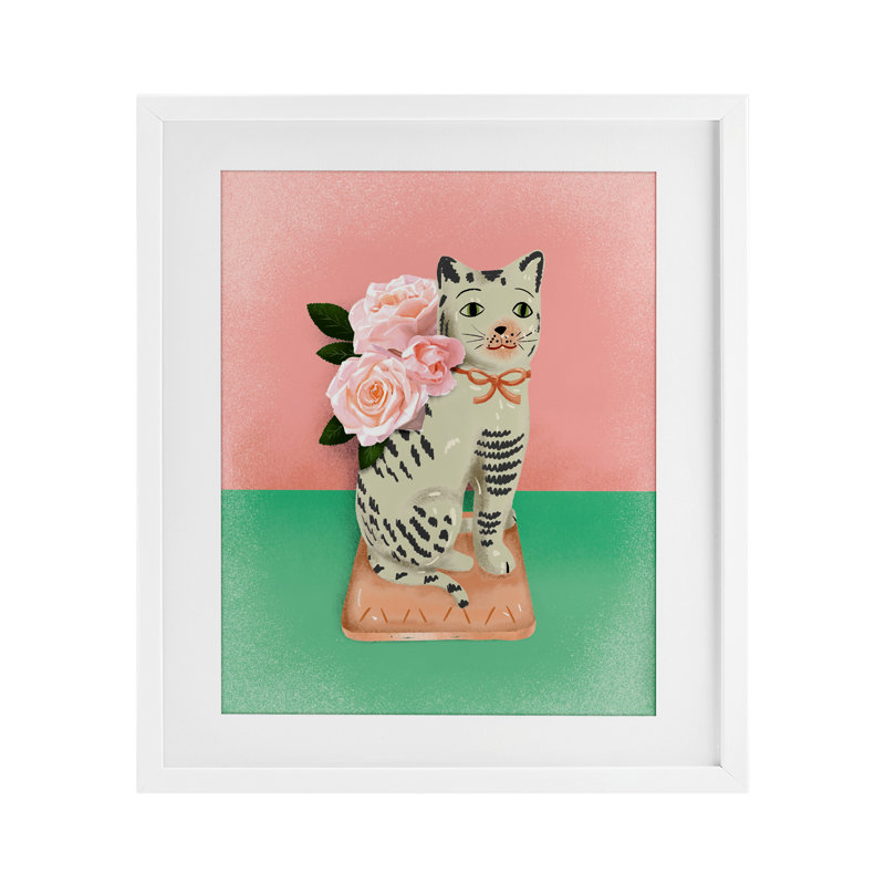 Sculpture rétro de chat, impression encadrée sous verre rose et vert, design par Jilly Jack Designs, H 21 po x l 17 po