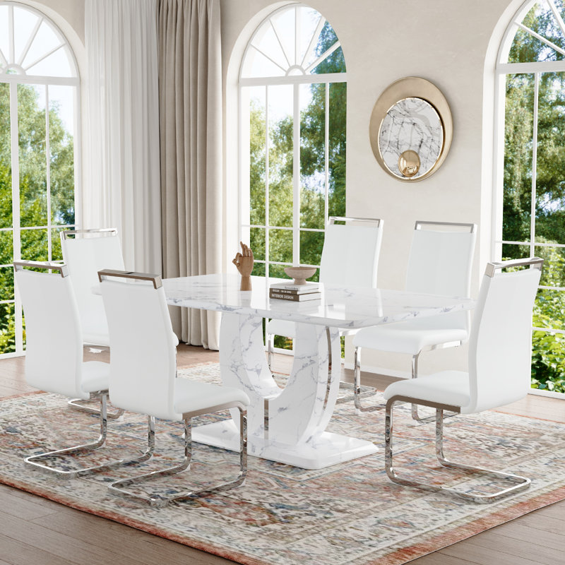 Dining Table Set, White/Silver, White Marble, 7 pieces