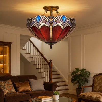 Tiffany-Style 16 Inch Flush Mount Ceiling Light, Stained Glass Shade pendant with Copper Foil Craftsmanship, 2 E26 Sockets for Bedroom Living Room Dining Area