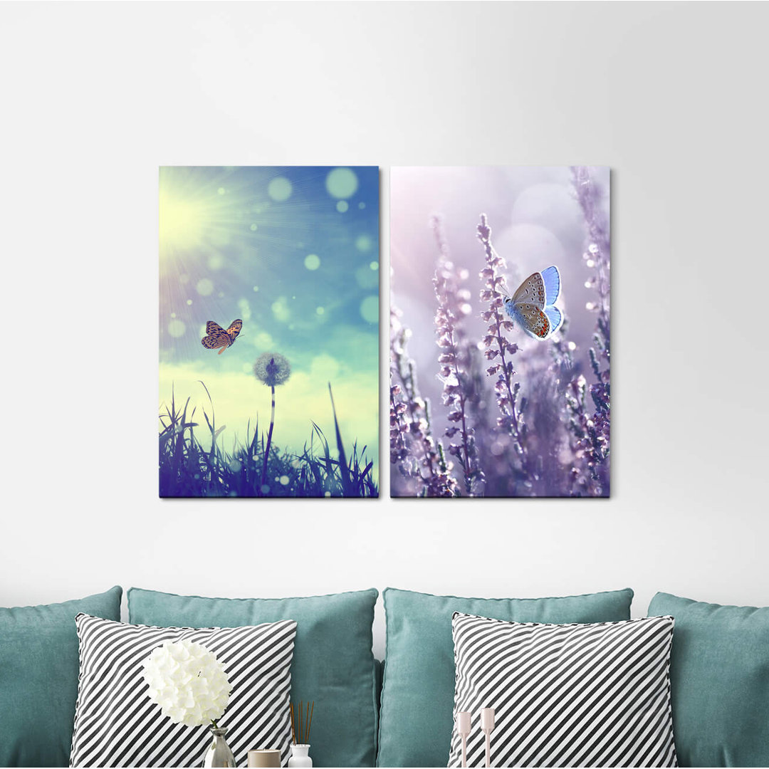 2-tlg. Leinwandbilder-Set - Fotografie „Summer Butterfly Lavender Sun Sky Sunshine Dandelion”