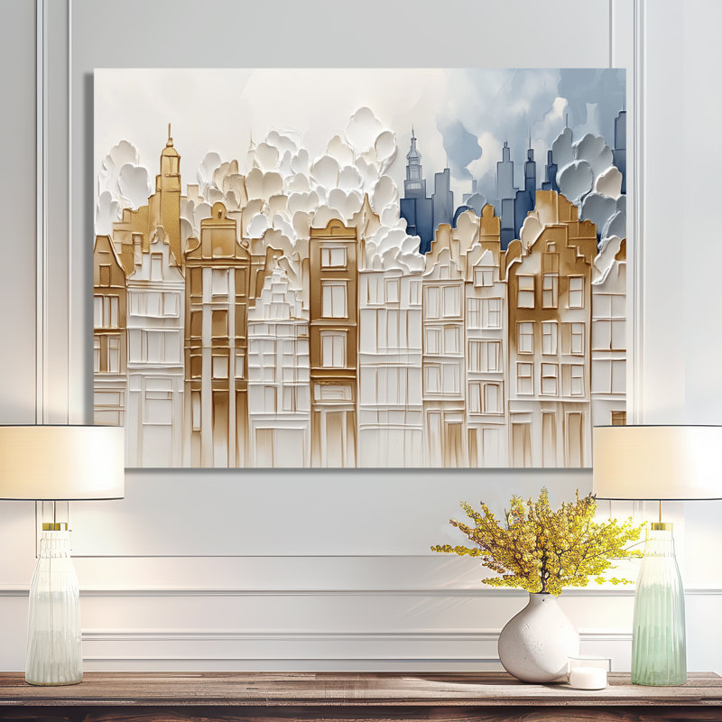 Skyline pliée - Impression sur métal beige représentant un paysage urbain, H 30 po x l 40 po