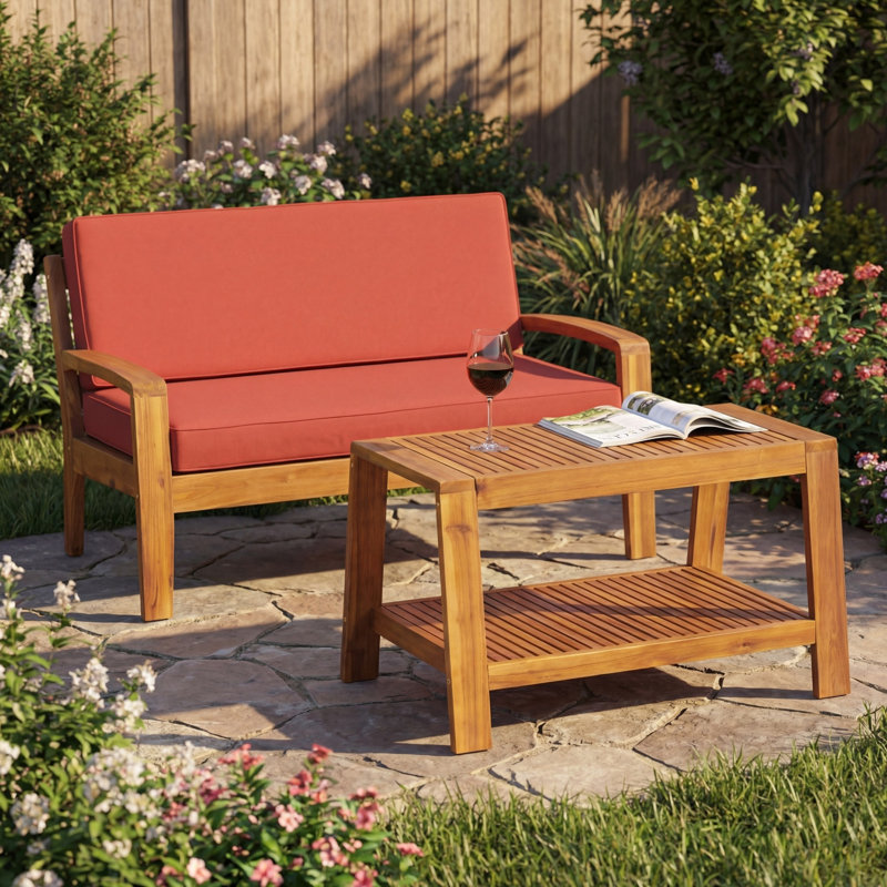  Ensemble de conversation d'extérieur en bois d'acacia 2 pièces, causeuse et table basse résistantes aux intempéries, teck et rouge