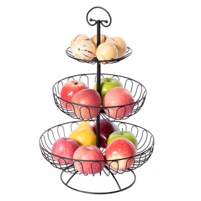 Basicwise 3 Tier Fruit Basket Stand for Kitchen Counter - Black Wire Metal Produce Organizer, Vegetable Storage Bin, Snack Holder, Onion Potato Holder, Pantry Wire Baskets, 12 x 12 x 18.25 Inch