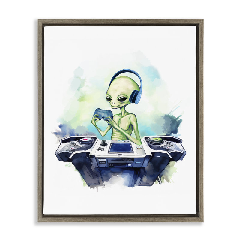 Cadre flottant Tech Alien jouant à des jeux vidéo, design par Lil 'Rue, H 21 po x l 17 po, Cadre flottant orme Montalcino