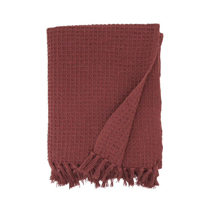 Jeté en coton avec pompons Waffle, Rouge