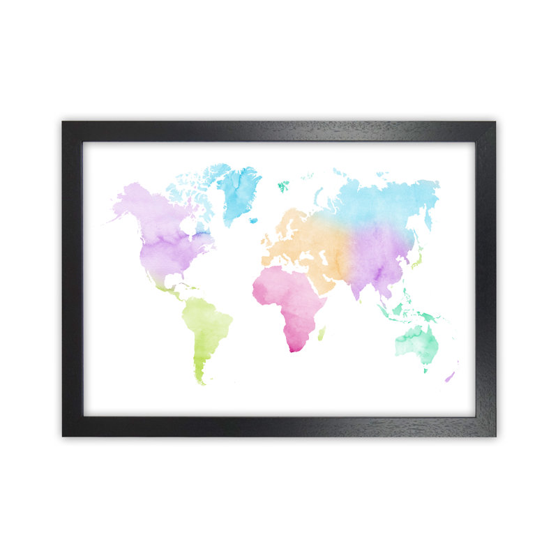 Watercolour World Map - Pastels - Print, 25cm H x 34cm W x 3cm D, Black Framed