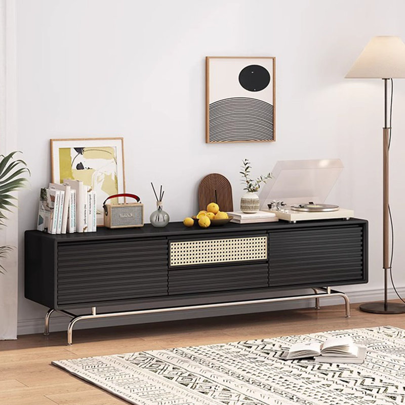 Meuble télé noir en bois massif, H 20,47 po x L 62,99 po x l 15,75 po