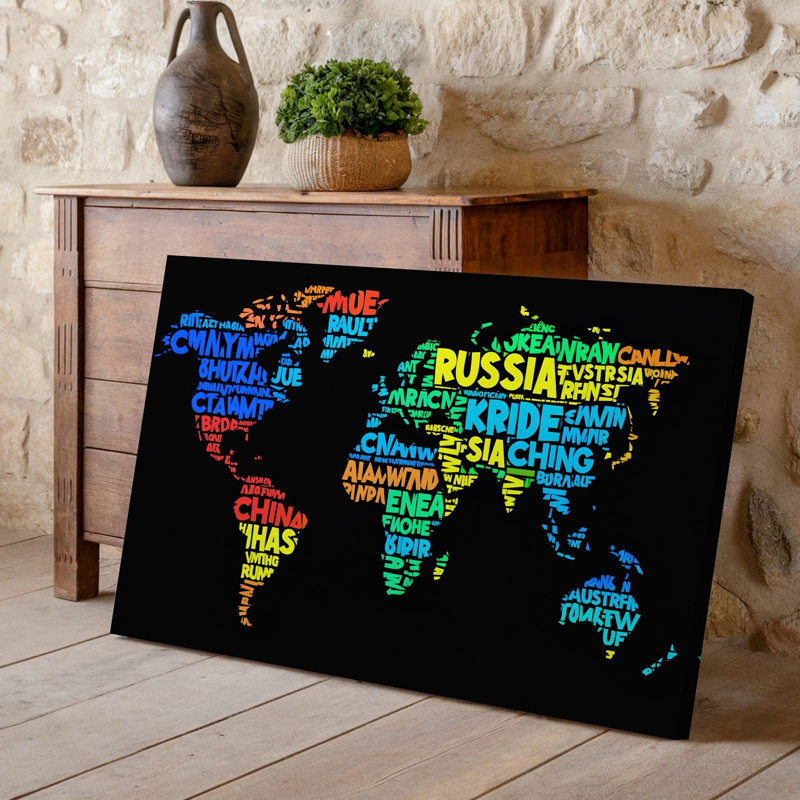 Toile, "Créez une carte du monde abstraite et vibrante" composée entièrement d'étiquettes de texte d'art mural colorées représentant des pays avec un art mural sur toile foncé