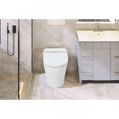 Smart Toilet Bidet Combo With Self-Cleaning Nozzle,Upmarket Compact Dual Flush Toilet 1/1.28 GPF,Tank Less Toilet With Foot Sensor Flush,White Night Light,Knob Control,Power Outage Flushing,Soft Close