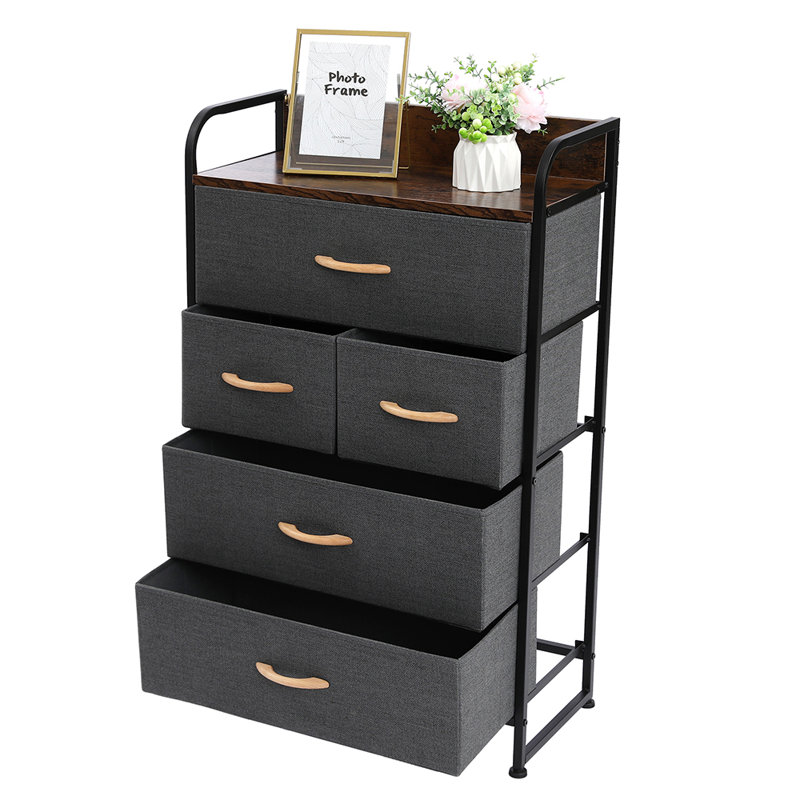 Rangement à 4 niveaux avec commode à 5 tiroirs, gris