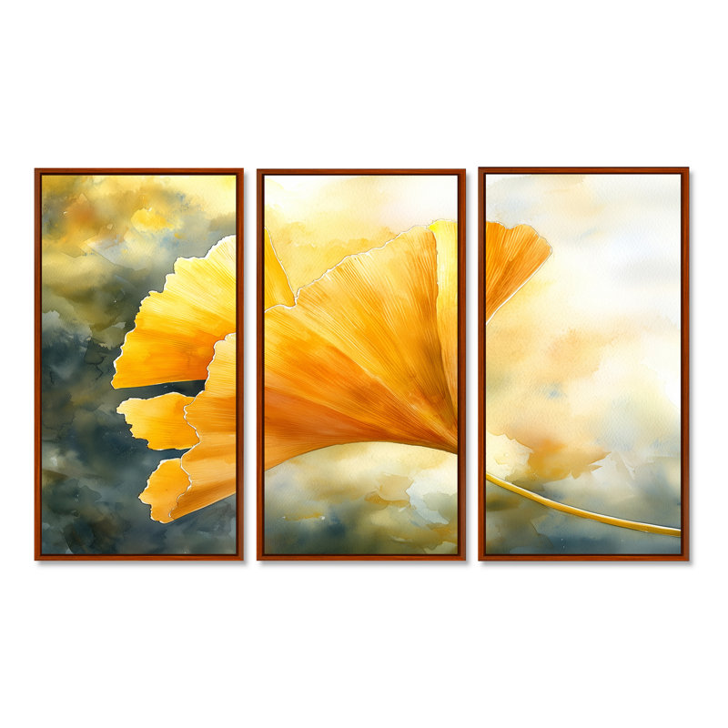 Golden Ginkgo Leaf I - feuilles, art mural - 3 panneaux, H 28 po x l 36 po, Impression encadrée sans passe-partout, Brun
