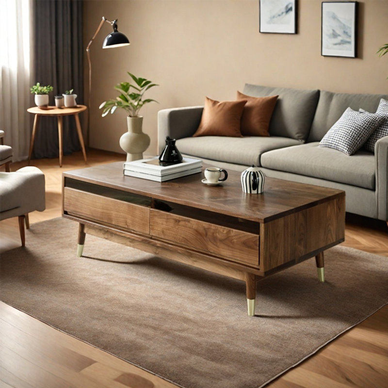 Modern rectangular solid wood coffee table, 15.7" H x 47.2" L x 23.6" W