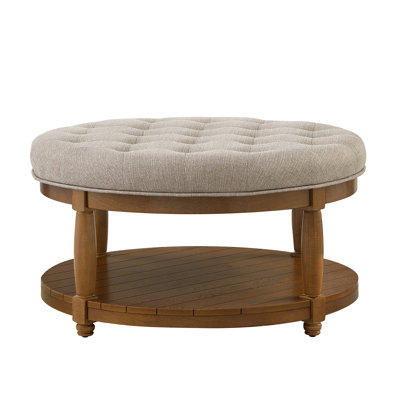 Round Footrest, Linen Appearance, Open Storage Shelf With Seat Cushion, Solid Wood Legs, 300 - Pound Capacity