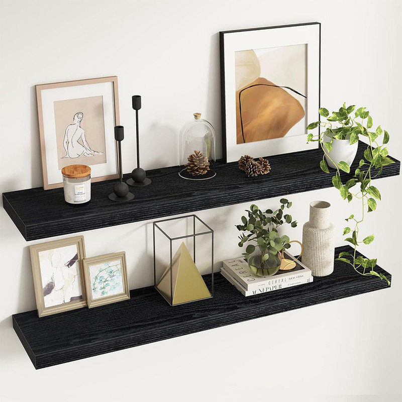 Set Of 2 48-Inch Modern Farmhouse Black Wood Finish Floating Shelves - Wall Mounted Storage For Bathroom, Kitchen, And Bedroom