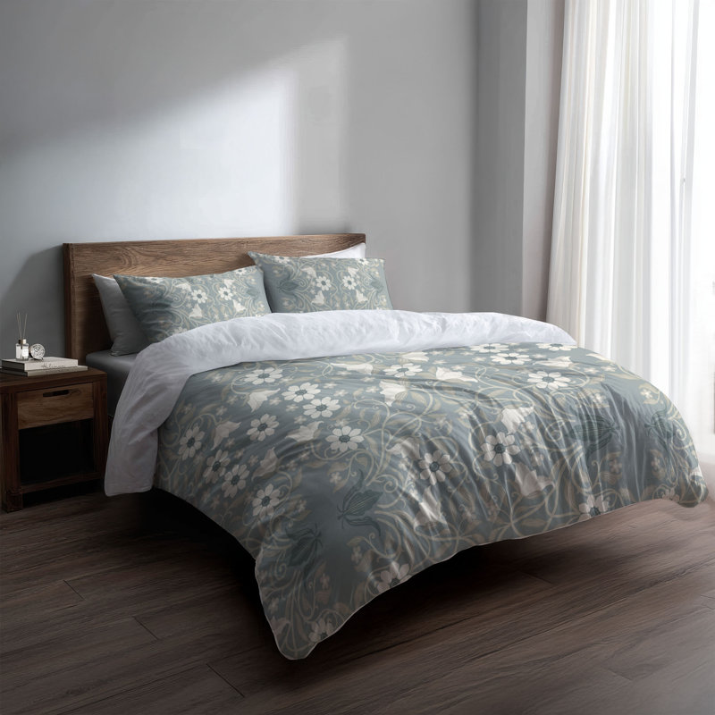 Ensemble d'édredon léger Colette, Motif floral bleu cendré, Édredon grand + 2 taies d'oreiller standard