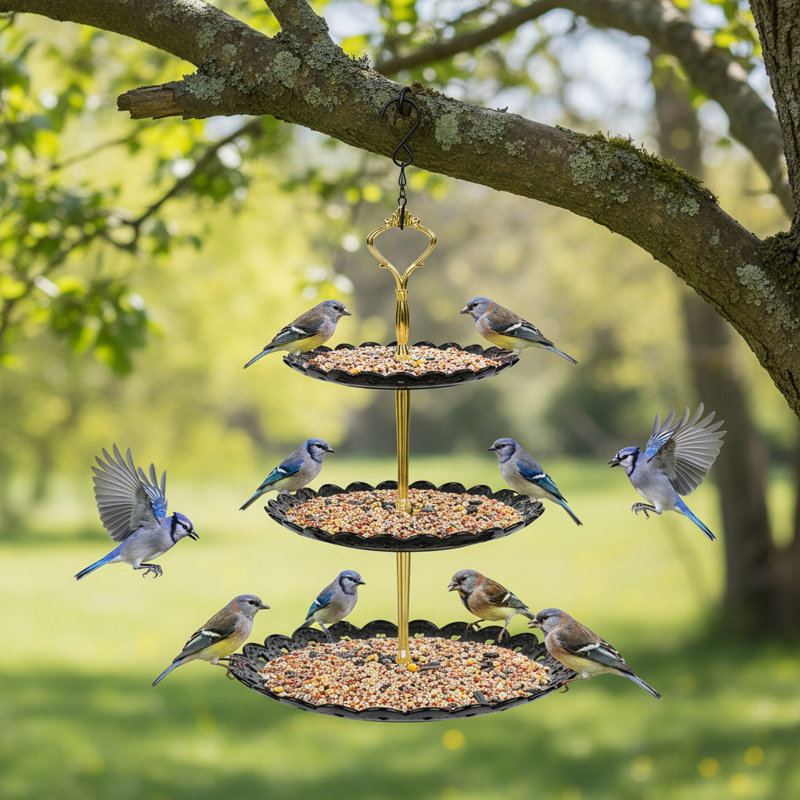 Mangeoire d'oiseaux en plastique à 3 niveaux pour la décoration de jardin, de patio et de cour, Noir