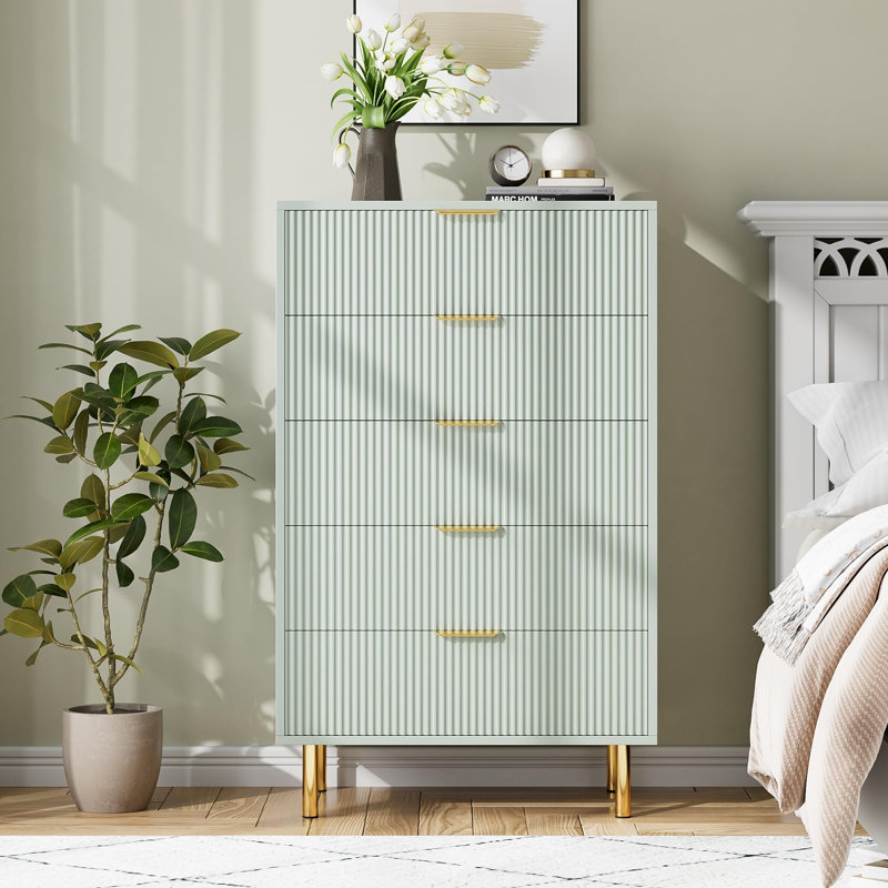 Commode naturelle à 5 tiroirs pour chambre à coucher avec poignée dorée et grand tiroir Natural, commode double en bois, Vert