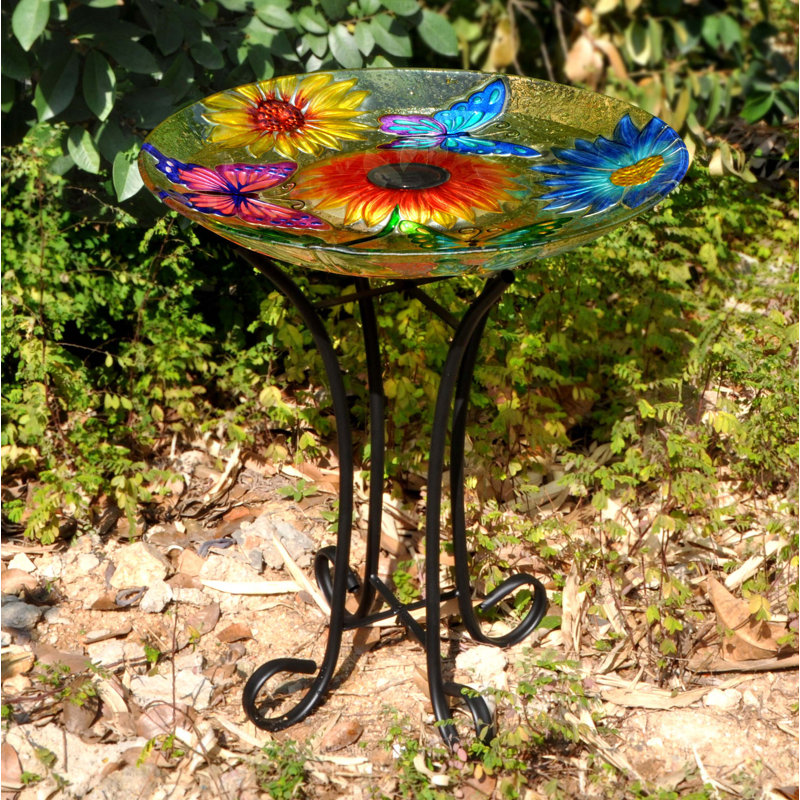  Solar Floral Glass Butterfly Bird Bath with Stand