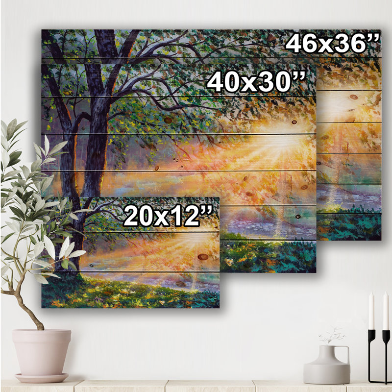 «Dawn Sunshine Light By The River», reproduction d'art sur bois sans cadre, H 12 po x l 20 po x p 1 po